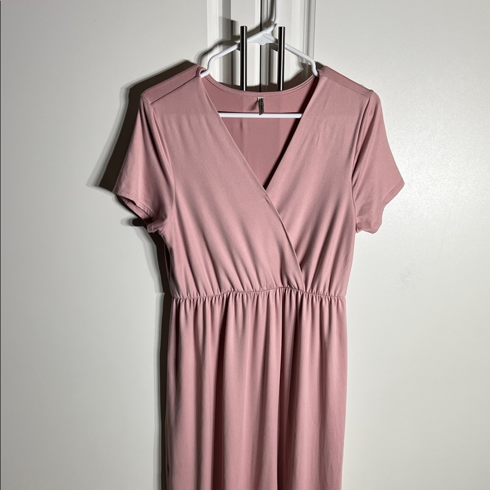 Mother bee Women's Dusty Rose Faux-Wrap Short Sleeve Dress